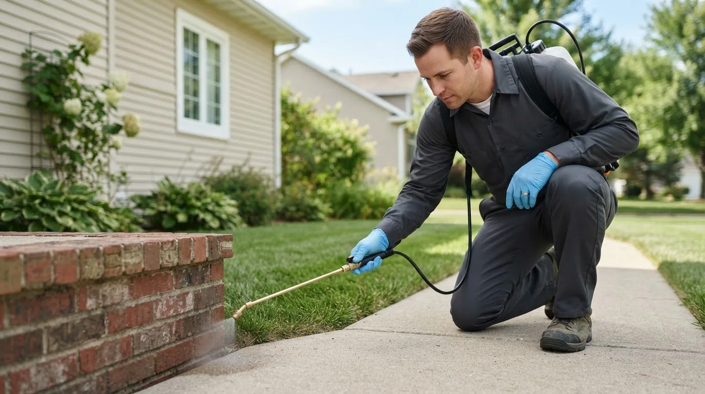 Pest control technician treating a home near Casco, ME