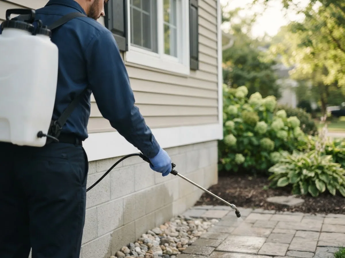 Pest control technician inspecting a home in Casco, ME